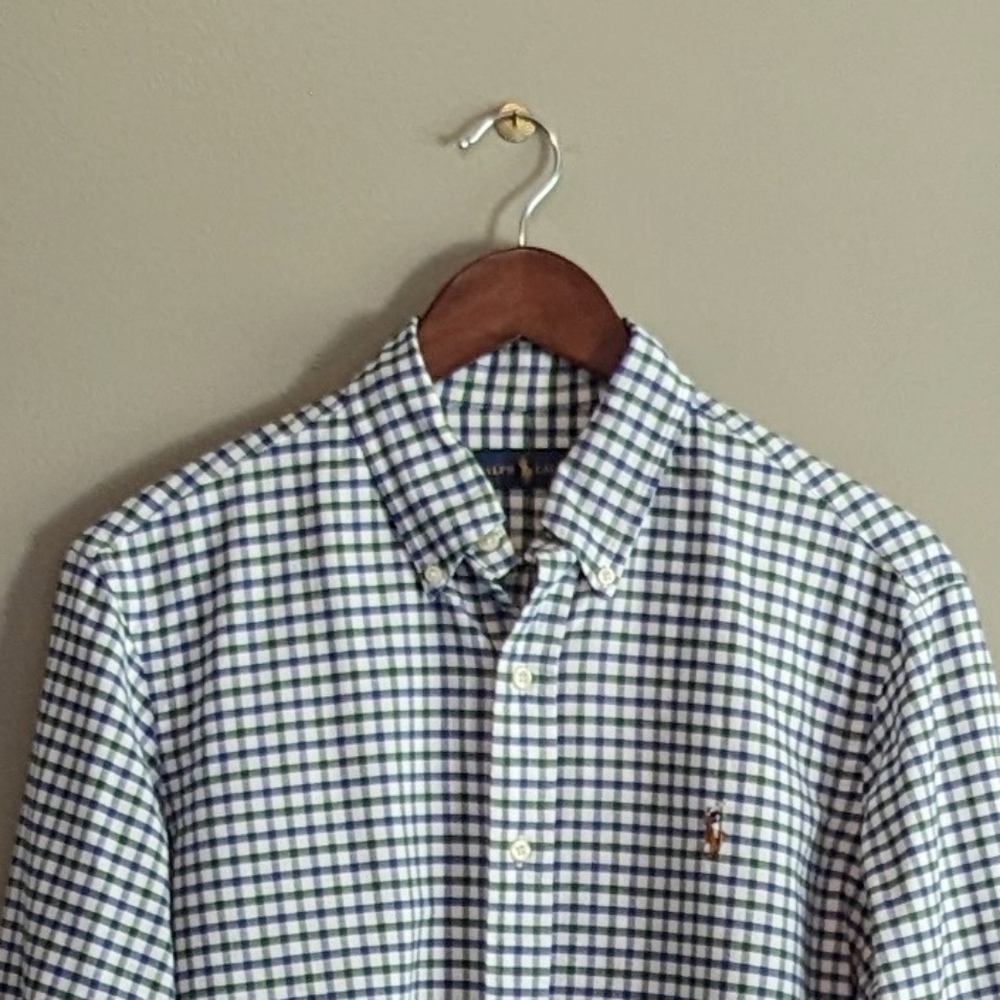 Ralph Lauren Button Down Green Blue White Check Oxford Shirt Size Medium M EUC